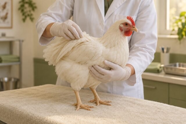 Veterinar parrandaning sog‘ligini tekshirmoqda